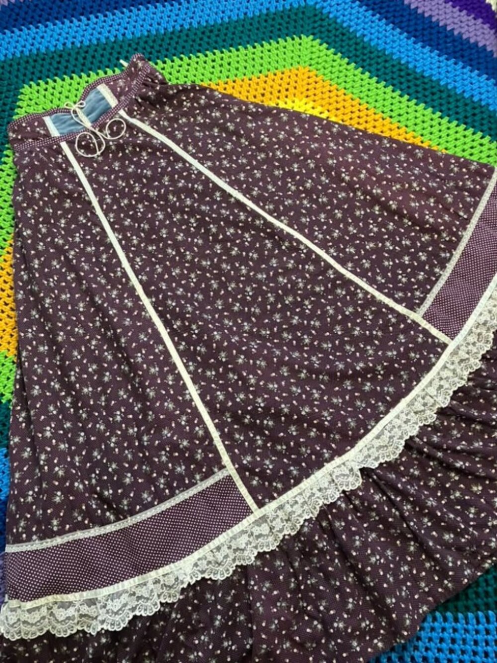 70's Vintage Gunne Sax Gunnies Purple White Calico Polka Dot Velvet Maxi Skirt